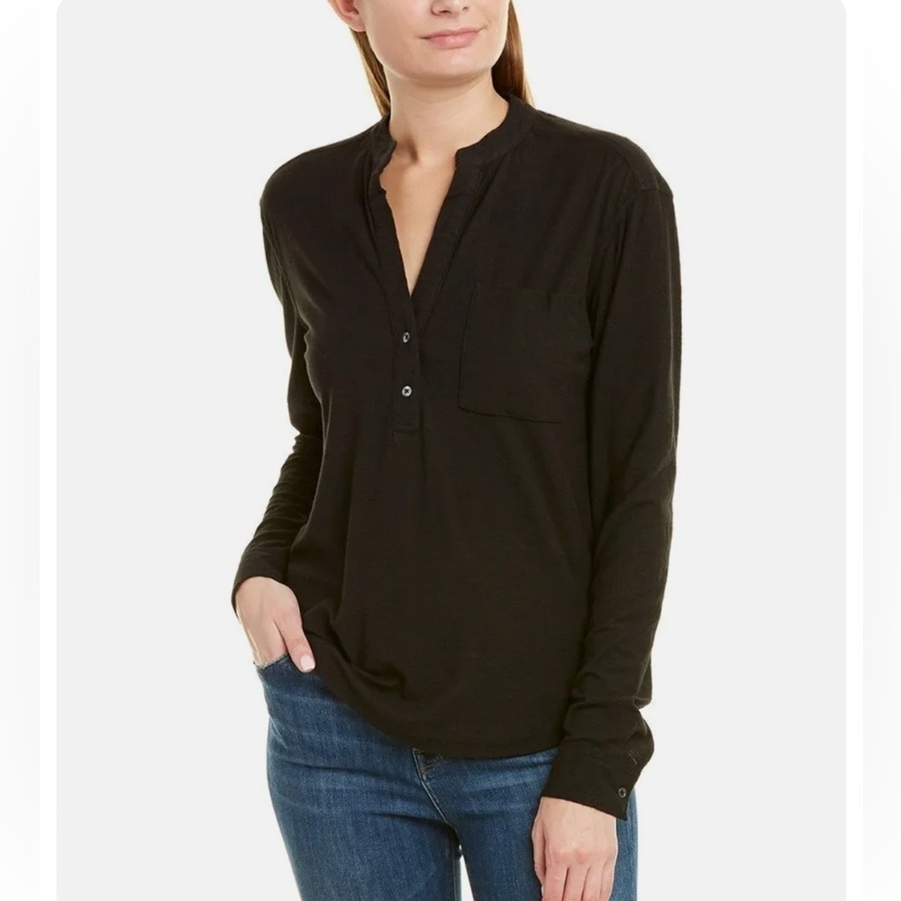 James Perse Shirt Top Black Cotton Pocket Henley Tee Long Sleeve